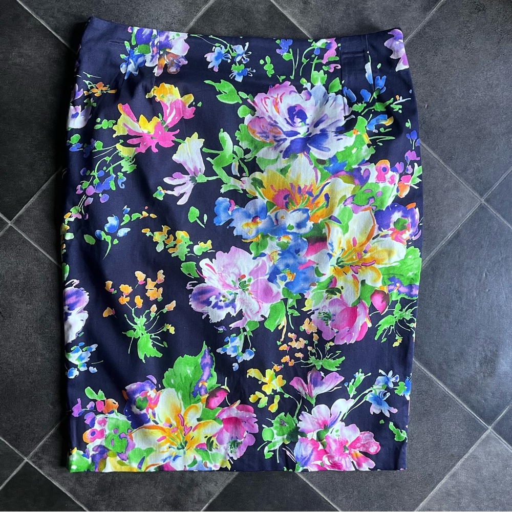 Lauren by Ralph Lauren Pencil Skirt Women 10 Navy Blue Floral Cottagecore Garden